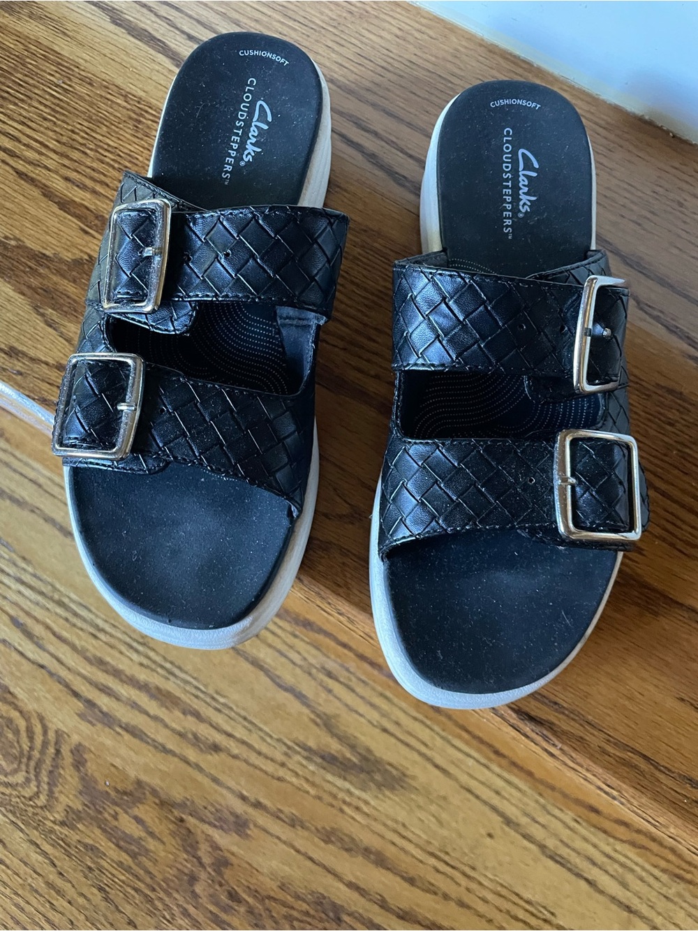 Clarks Black Woven Double-Buckle Platform Sandals